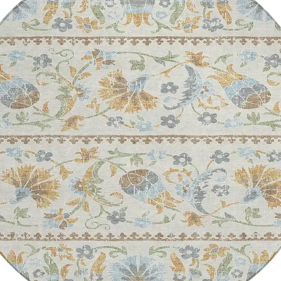 8' Ivory And Beige Round Floral Washable Indoor Outdoor Area Rug Photo 3