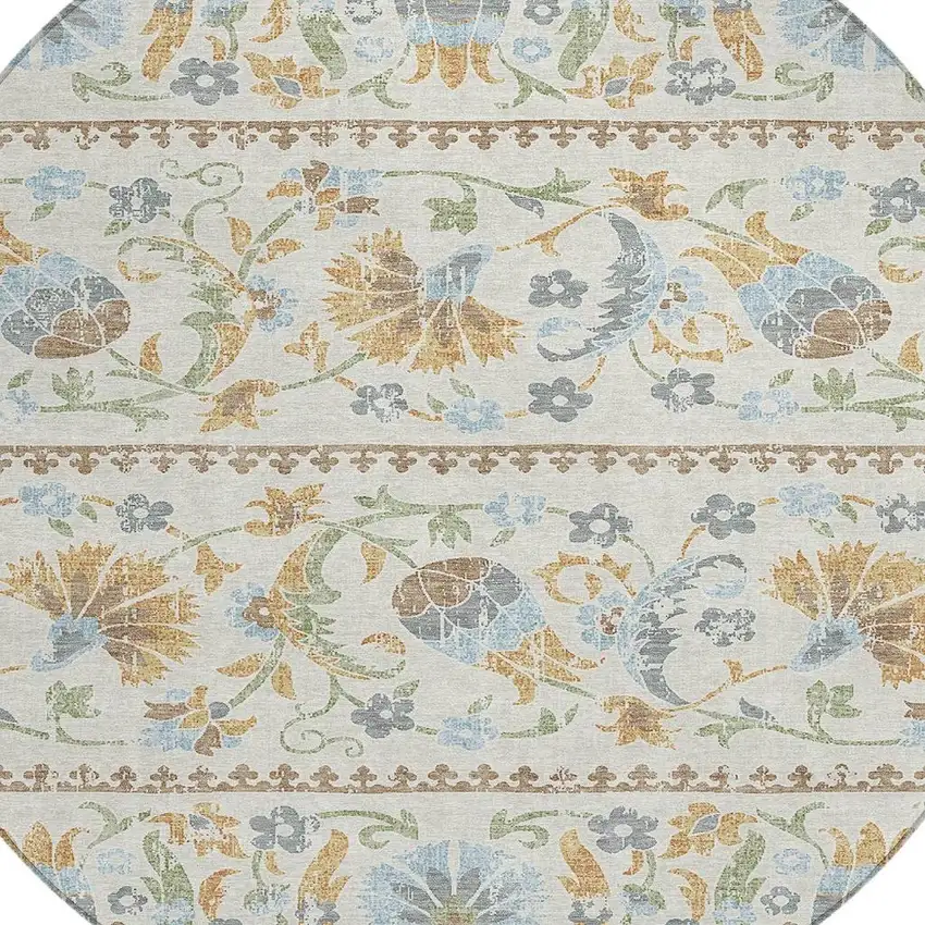 8' Ivory And Beige Round Floral Washable Indoor Outdoor Area Rug Photo 3