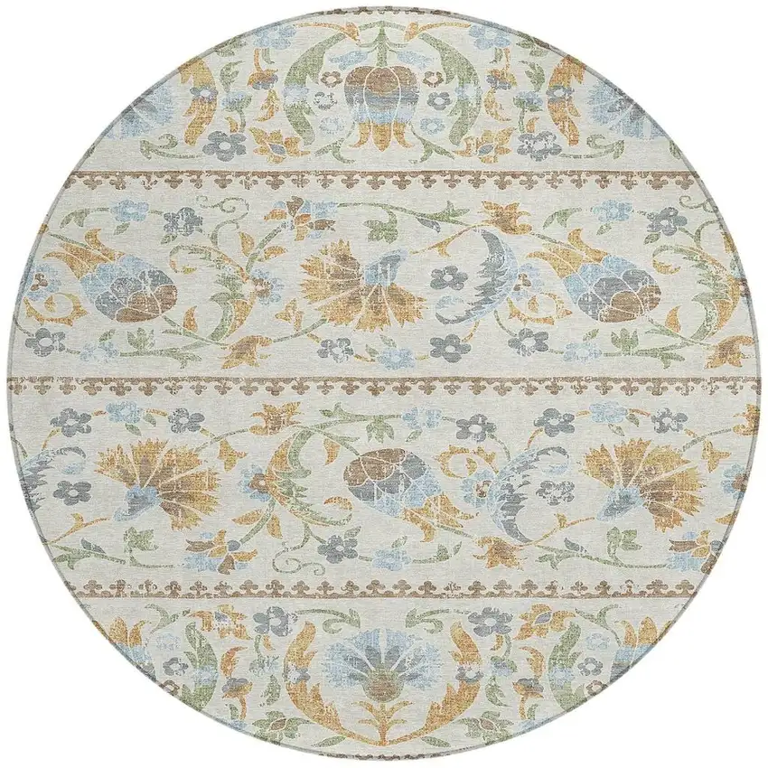 8' Ivory And Beige Round Floral Washable Indoor Outdoor Area Rug Photo 2