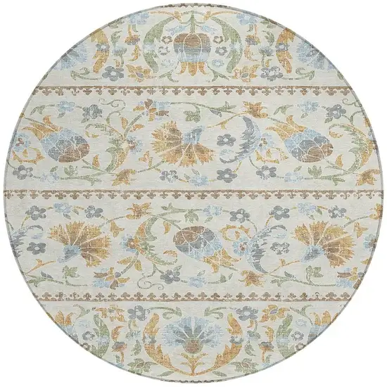 8' Ivory And Beige Round Floral Washable Indoor Outdoor Area Rug Photo 2