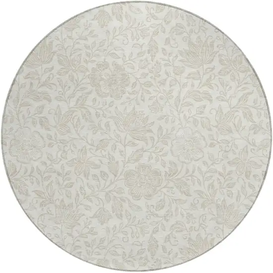8' Ivory And Beige Round Floral Washable Indoor Outdoor Area Rug Photo 1