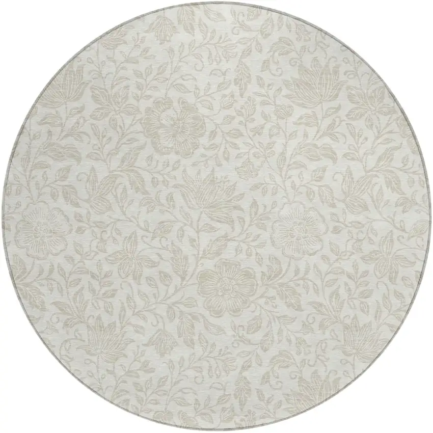 8' Ivory And Beige Round Floral Washable Indoor Outdoor Area Rug Photo 1