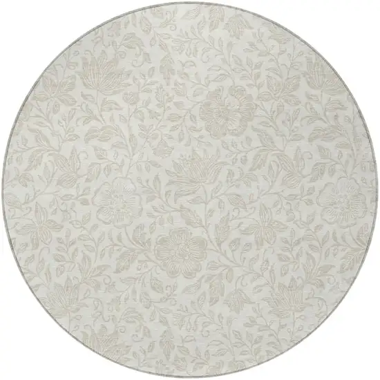 8' Ivory And Beige Round Floral Washable Indoor Outdoor Area Rug Photo 3