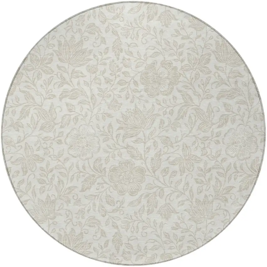 8' Ivory And Beige Round Floral Washable Indoor Outdoor Area Rug Photo 3