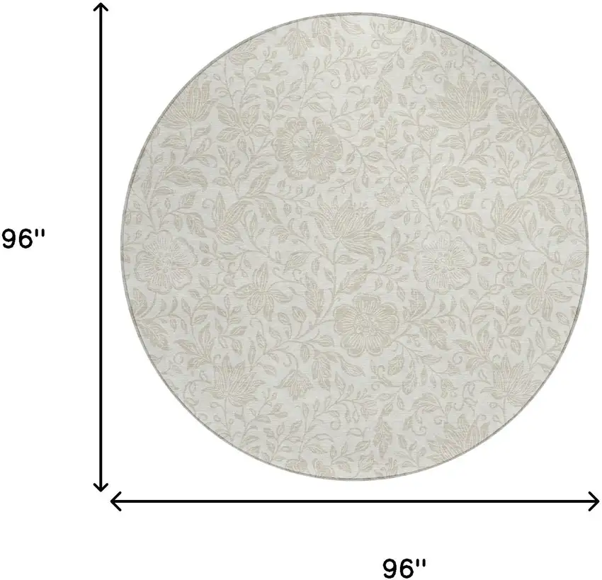 8' Ivory And Beige Round Floral Washable Indoor Outdoor Area Rug Photo 6