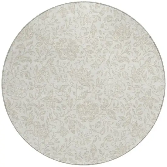 8' Ivory And Beige Round Floral Washable Indoor Outdoor Area Rug Photo 2