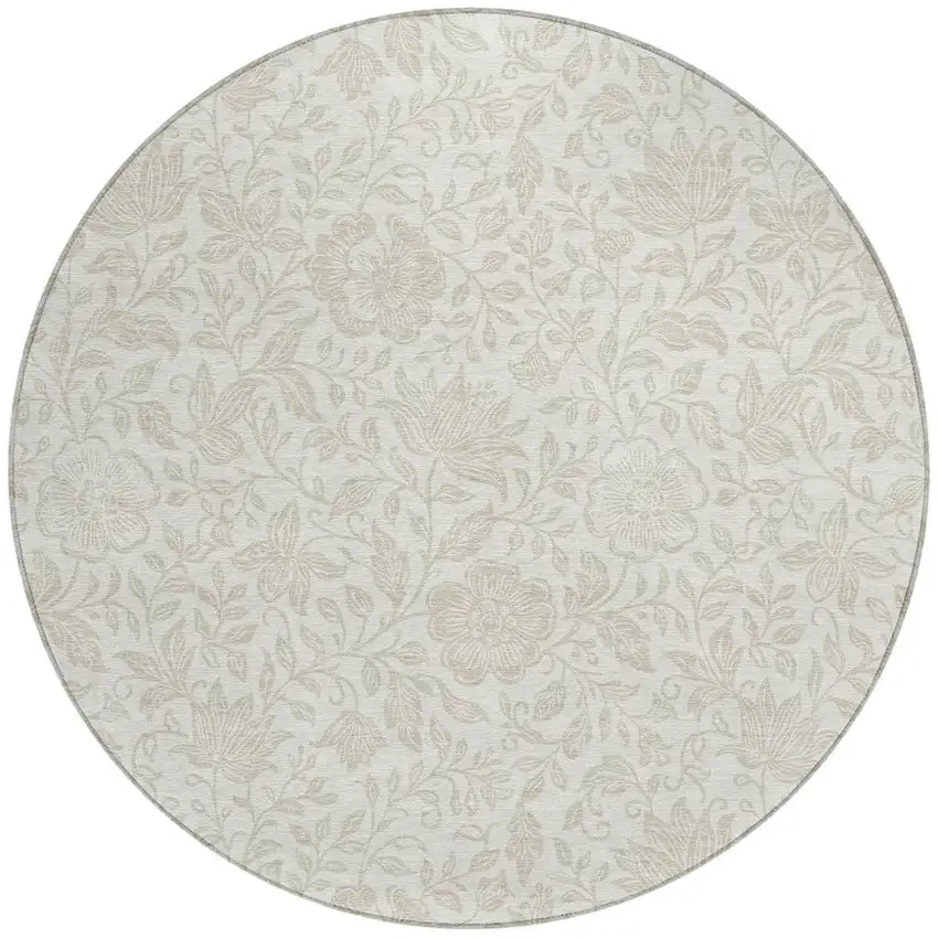 8' Ivory And Beige Round Floral Washable Indoor Outdoor Area Rug Photo 2