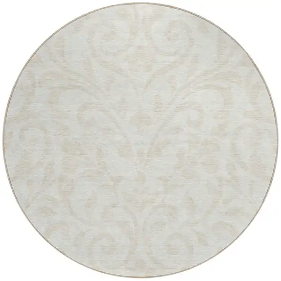 8' Ivory And Beige Round Floral Washable Indoor Outdoor Area Rug Photo 5