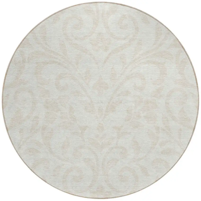 8' Ivory And Beige Round Floral Washable Indoor Outdoor Area Rug Photo 5