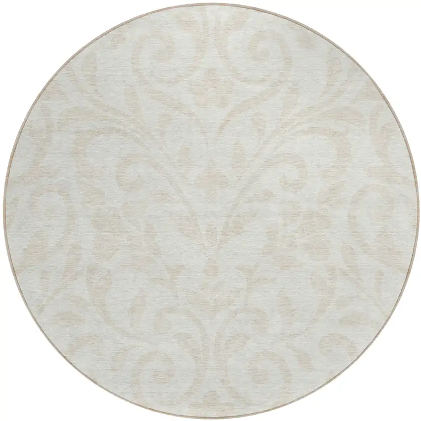 8' Ivory And Beige Round Floral Washable Indoor Outdoor Area Rug Photo 2