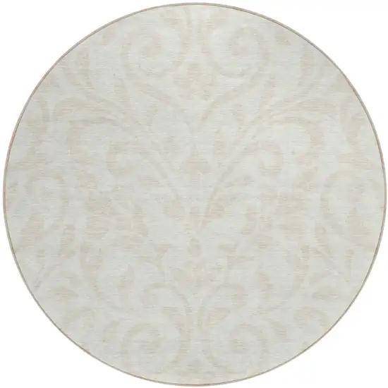 8' Ivory And Beige Round Floral Washable Indoor Outdoor Area Rug Photo 2