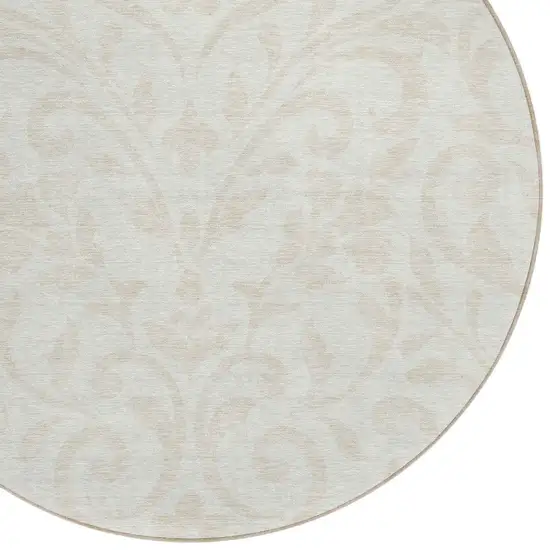 8' Ivory And Beige Round Floral Washable Indoor Outdoor Area Rug Photo 4