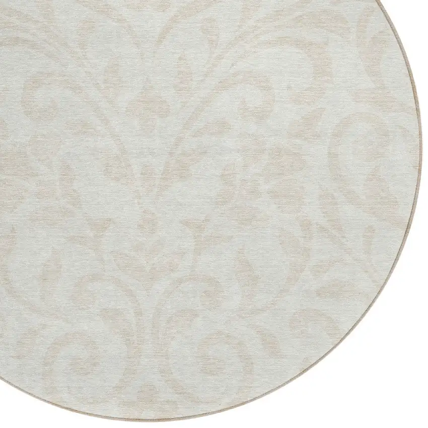 8' Ivory And Beige Round Floral Washable Indoor Outdoor Area Rug Photo 4