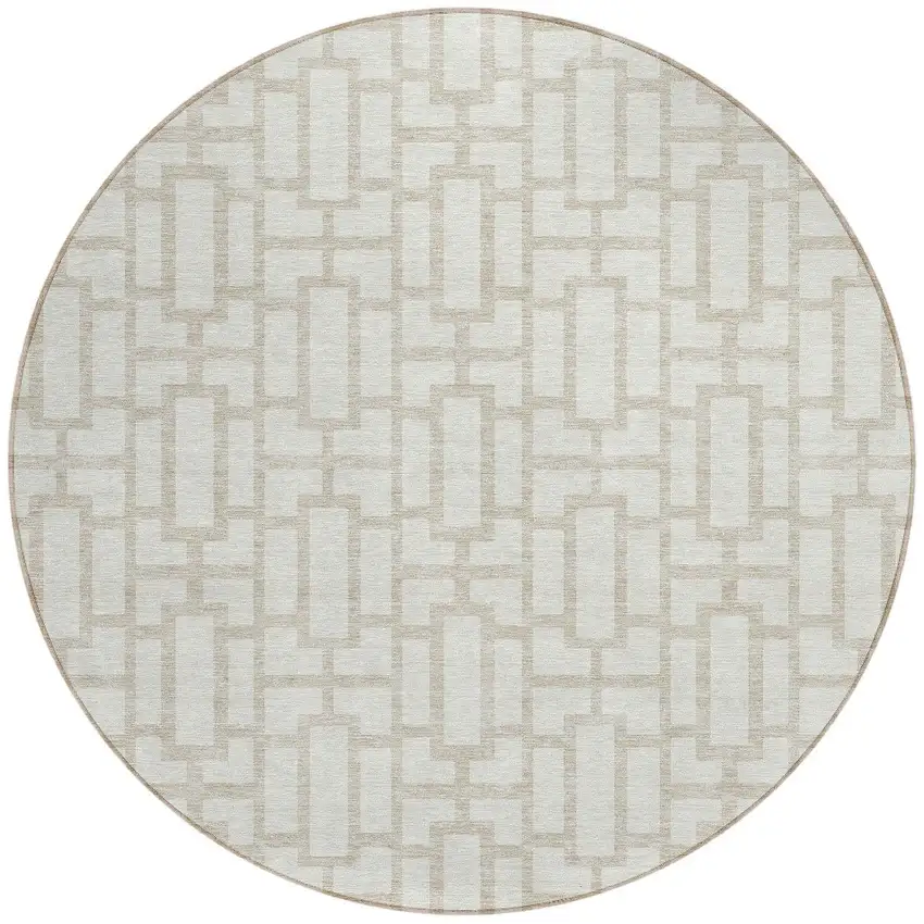 8' Ivory And Beige Round Geometric Washable Indoor Outdoor Area Rug Photo 5