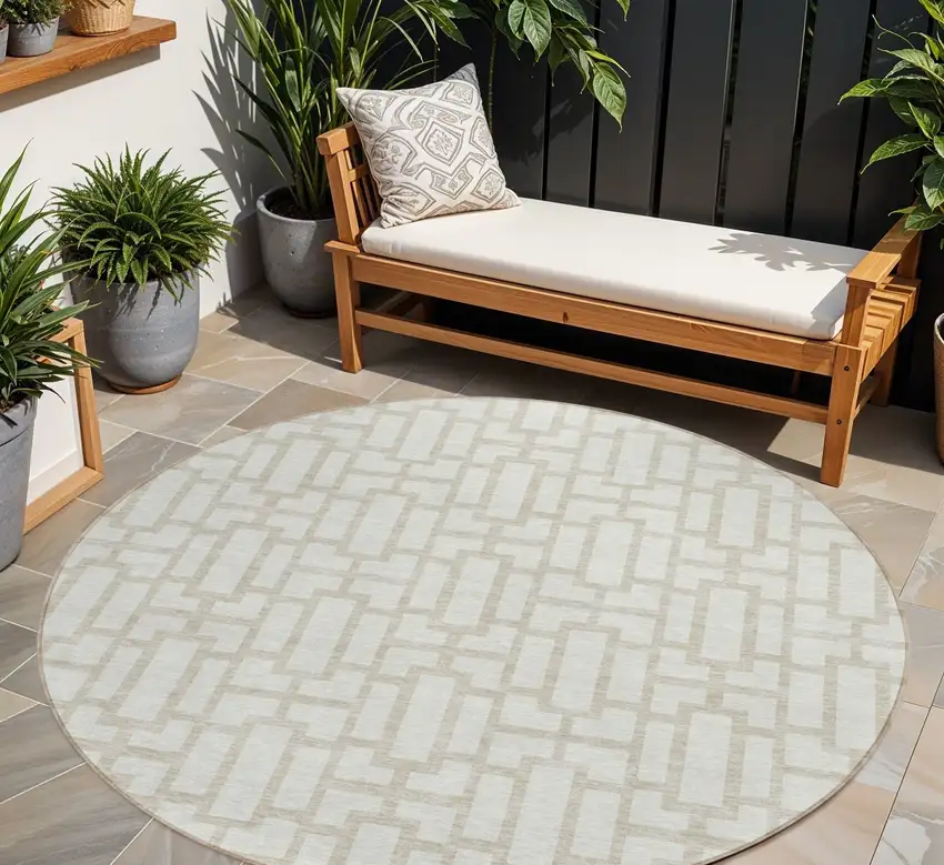 8' Ivory And Beige Round Geometric Washable Indoor Outdoor Area Rug Photo 1