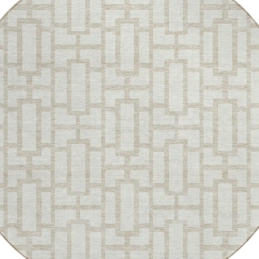 8' Ivory And Beige Round Geometric Washable Indoor Outdoor Area Rug Photo 4