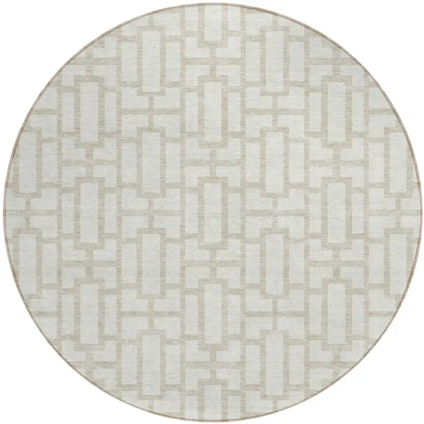 8' Ivory And Beige Round Geometric Washable Indoor Outdoor Area Rug Photo 2