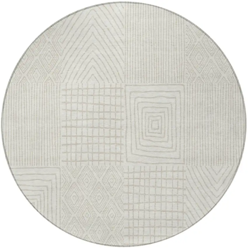 8' Ivory And Beige Round Geometric Washable Indoor Outdoor Area Rug Photo 5