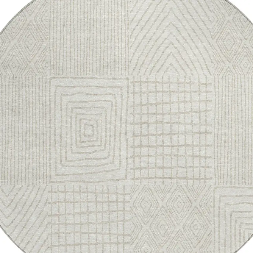 8' Ivory And Beige Round Geometric Washable Indoor Outdoor Area Rug Photo 4