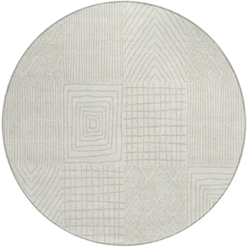 8' Ivory And Beige Round Geometric Washable Indoor Outdoor Area Rug Photo 2