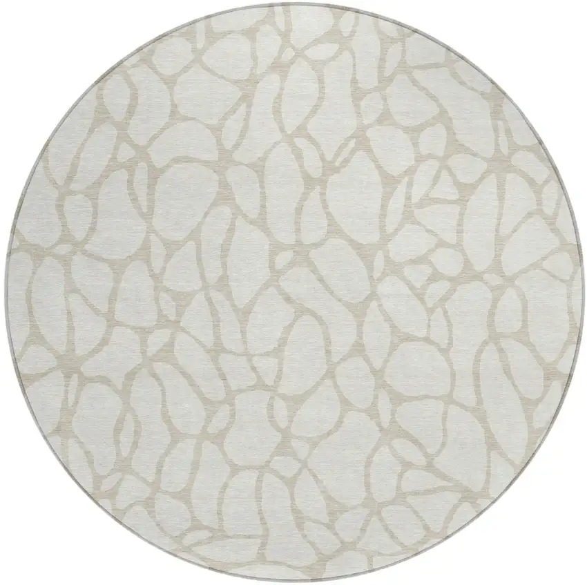 8' Ivory And Beige Round Geometric Washable Indoor Outdoor Area Rug Photo 2