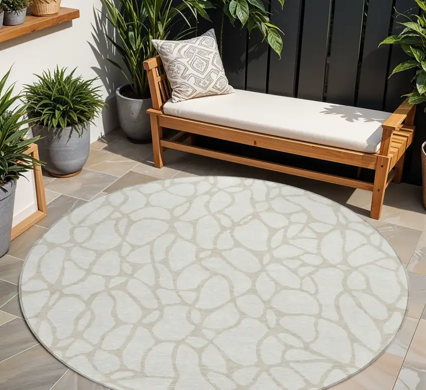 8' Ivory And Beige Round Geometric Washable Indoor Outdoor Area Rug Photo 1