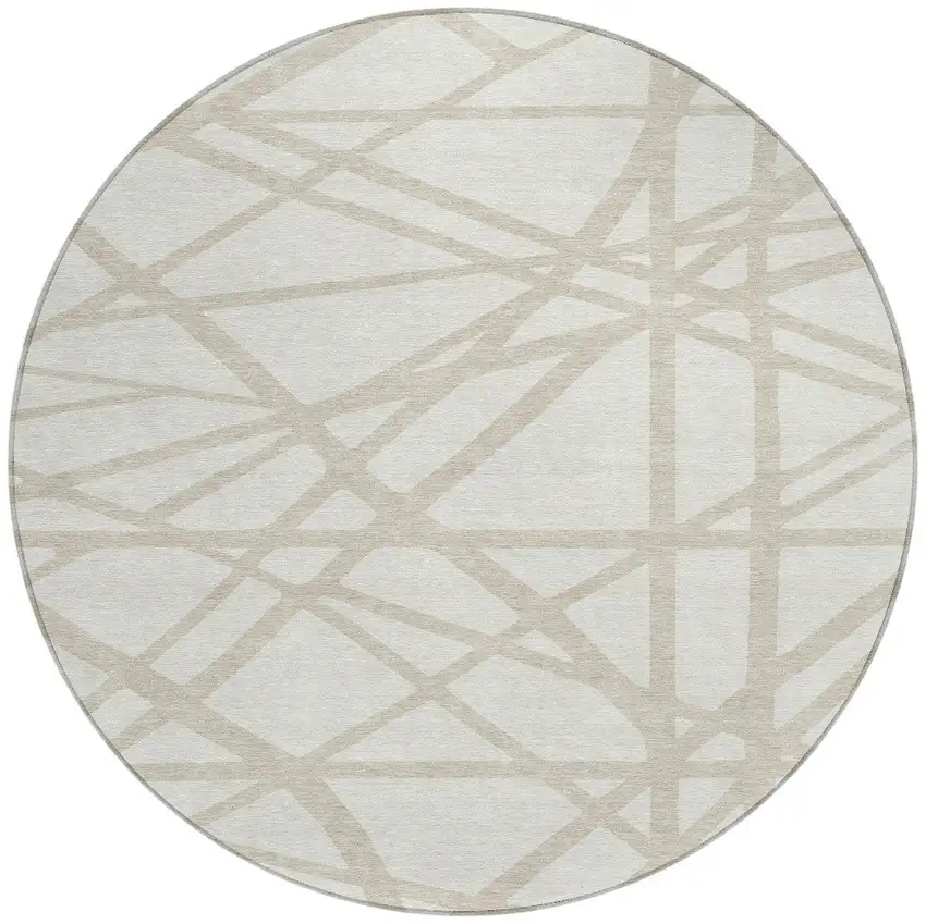 8' Ivory And Beige Round Geometric Washable Indoor Outdoor Area Rug Photo 4