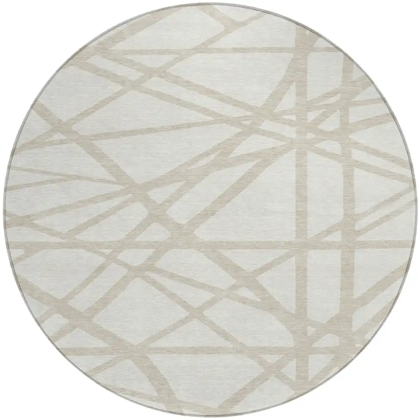 8' Ivory And Beige Round Geometric Washable Indoor Outdoor Area Rug Photo 2