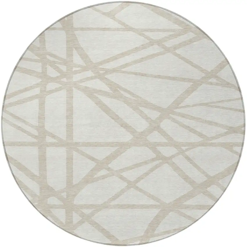 8' Ivory And Beige Round Geometric Washable Indoor Outdoor Area Rug Photo 5
