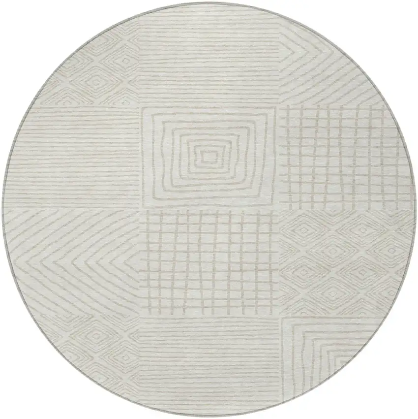 8' Ivory And Beige Round Geometric Washable Indoor Outdoor Area Rug Photo 6