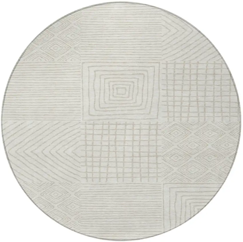 8' Ivory And Beige Round Geometric Washable Indoor Outdoor Area Rug Photo 6