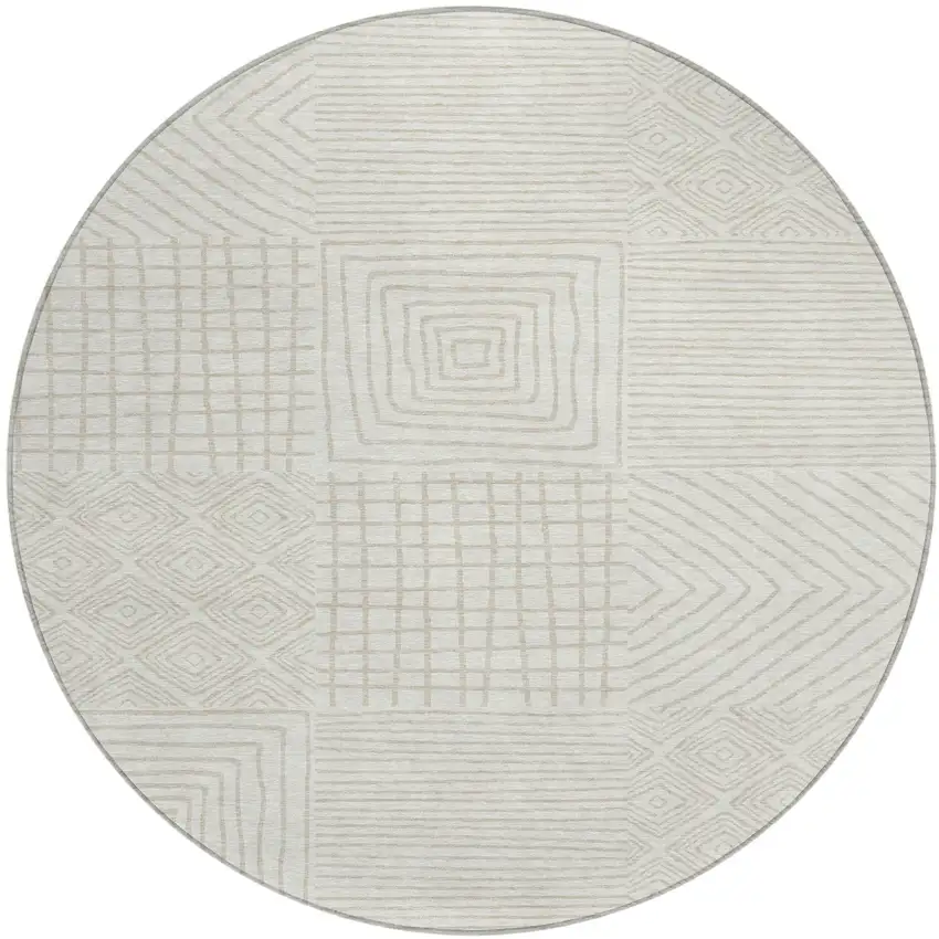 8' Ivory And Beige Round Geometric Washable Indoor Outdoor Area Rug Photo 2