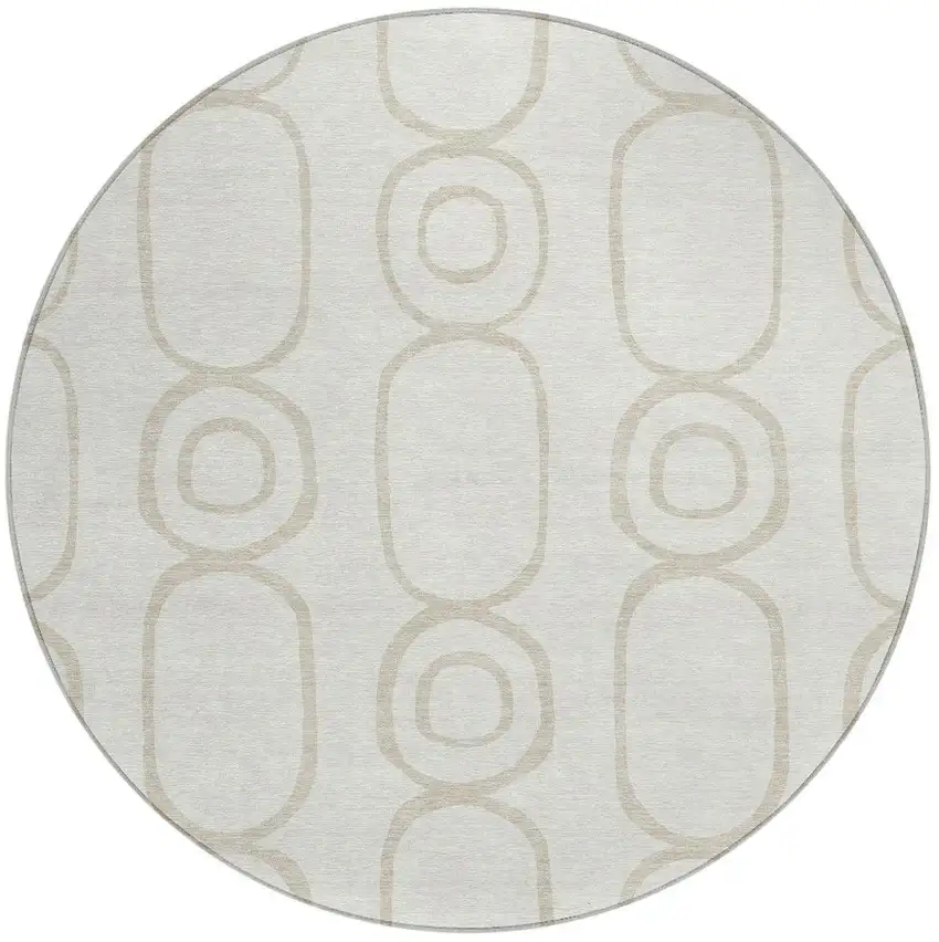 8' Ivory And Beige Round Geometric Washable Indoor Outdoor Area Rug Photo 4