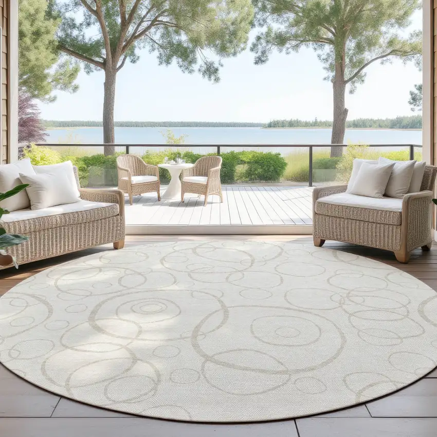 8' Ivory And Beige Round Geometric Washable Indoor Outdoor Area Rug Photo 4