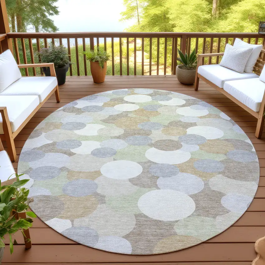 8' Ivory And Beige Round Geometric Washable Indoor Outdoor Area Rug Photo 4