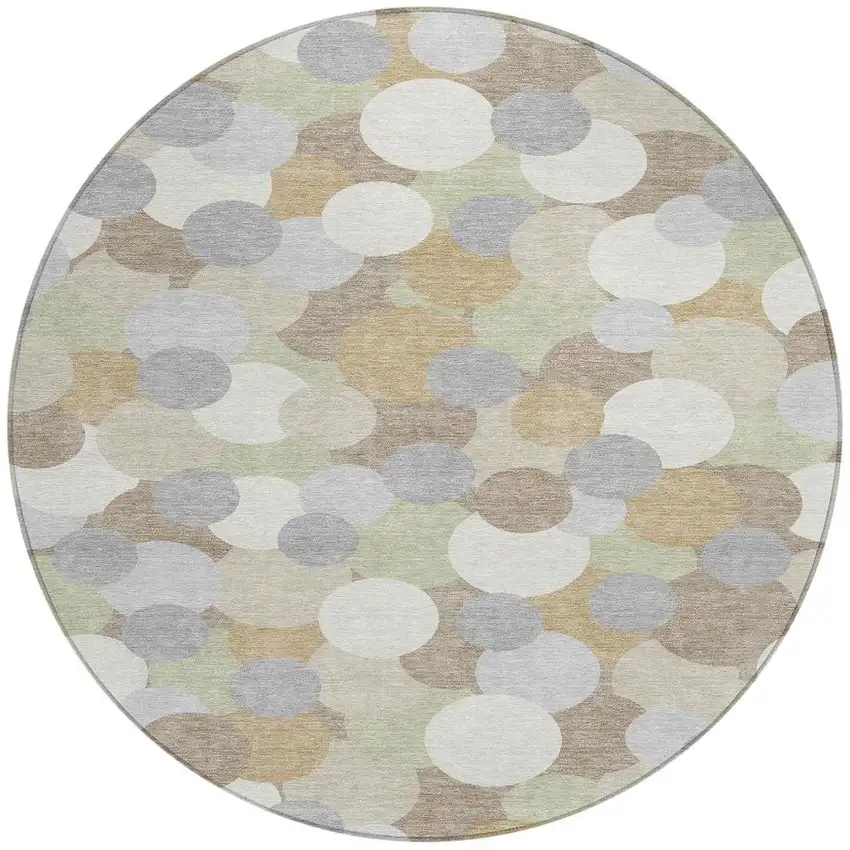 8' Ivory And Beige Round Geometric Washable Indoor Outdoor Area Rug Photo 3