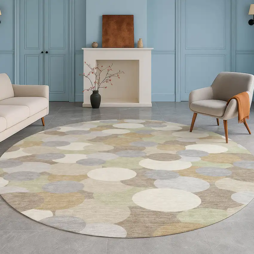 8' Ivory And Beige Round Geometric Washable Indoor Outdoor Area Rug Photo 5