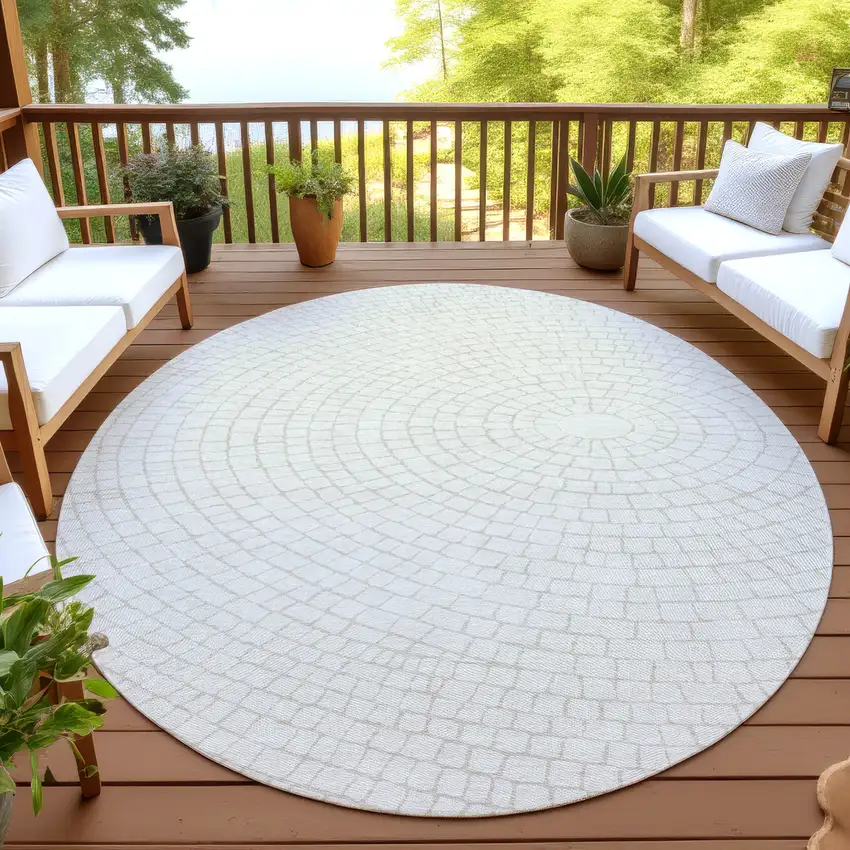 8' Ivory And Beige Round Geometric Washable Indoor Outdoor Area Rug Photo 4