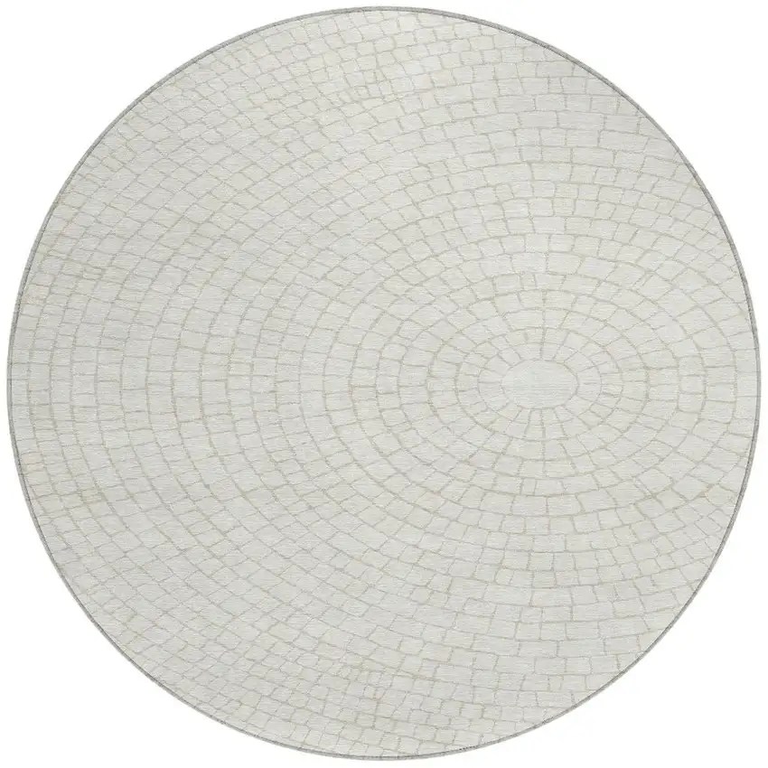 8' Ivory And Beige Round Geometric Washable Indoor Outdoor Area Rug Photo 3