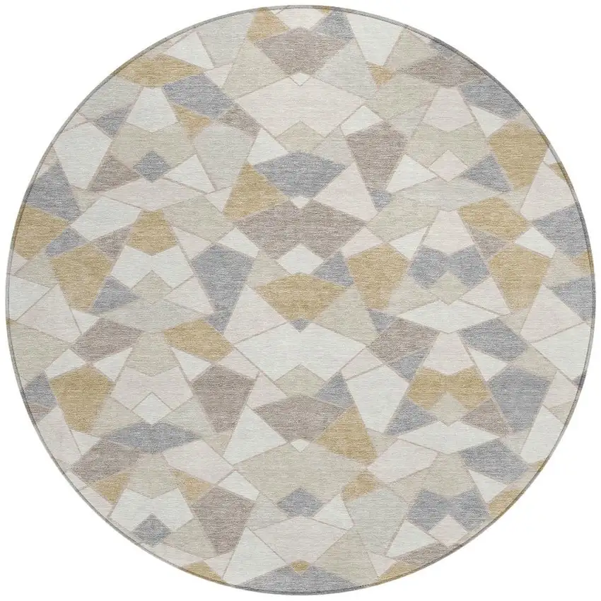 8' Ivory And Beige Round Geometric Washable Indoor Outdoor Area Rug Photo 2