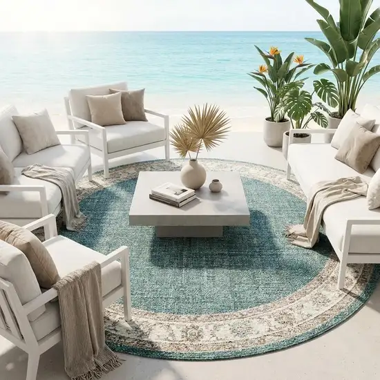 8' Ivory And Beige Round Geometric Washable Indoor Outdoor Area Rug Photo 1