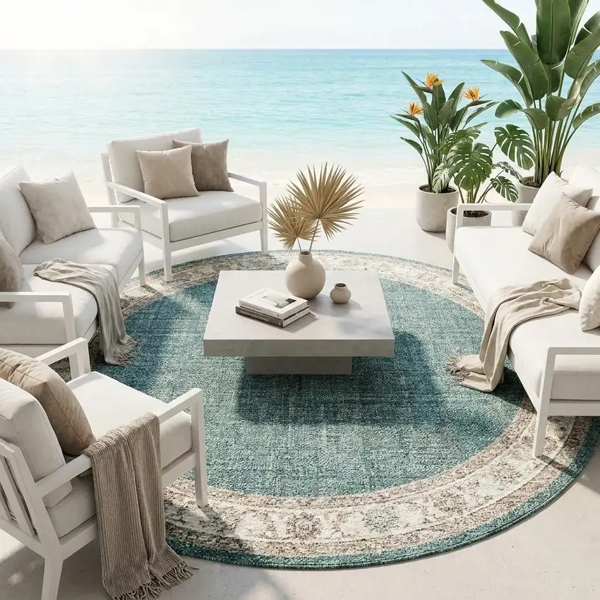 8' Ivory And Beige Round Geometric Washable Indoor Outdoor Area Rug Photo 1