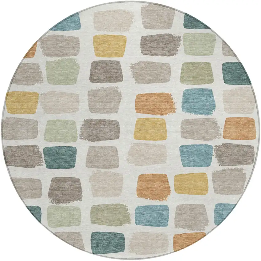 8' Ivory And Beige Round Geometric Washable Indoor Outdoor Area Rug Photo 5