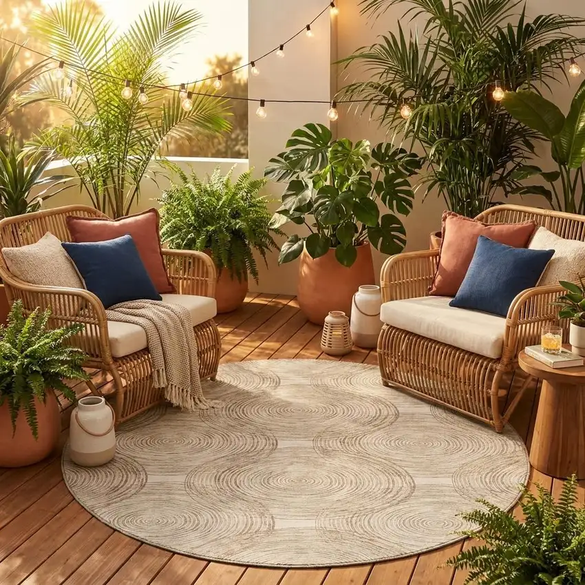 8' Ivory And Beige Round Geometric Washable Indoor Outdoor Area Rug Photo 1