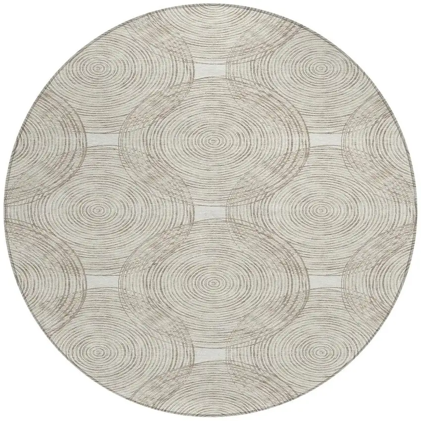8' Ivory And Beige Round Geometric Washable Indoor Outdoor Area Rug Photo 4