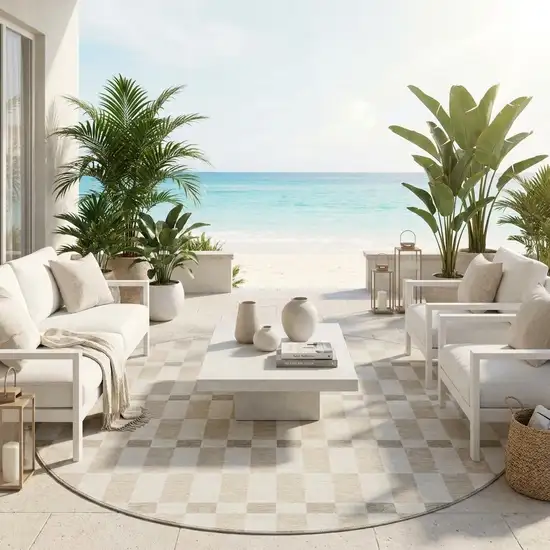 8' Ivory And Beige Round Geometric Washable Indoor Outdoor Area Rug Photo 1