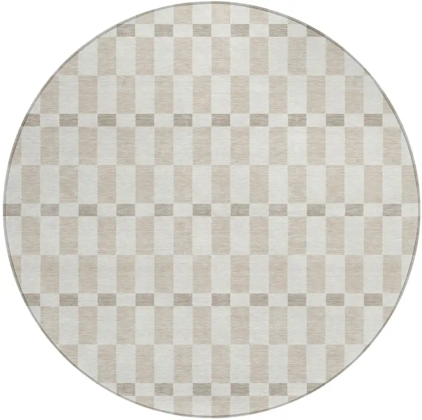 8' Ivory And Beige Round Geometric Washable Indoor Outdoor Area Rug Photo 2