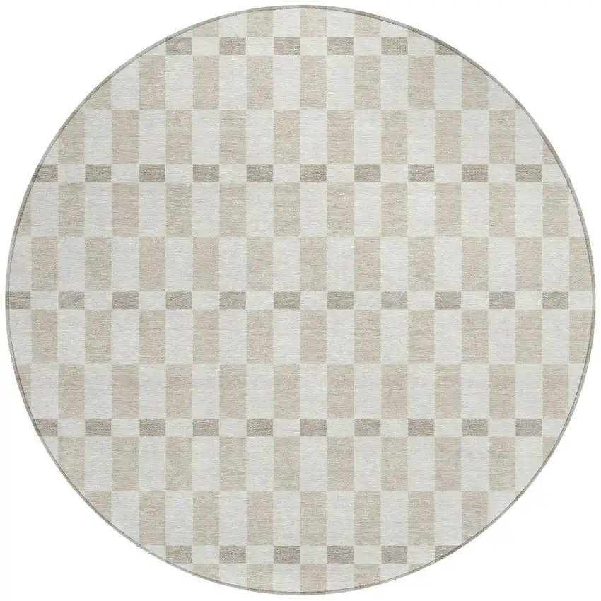8' Ivory And Beige Round Geometric Washable Indoor Outdoor Area Rug Photo 4