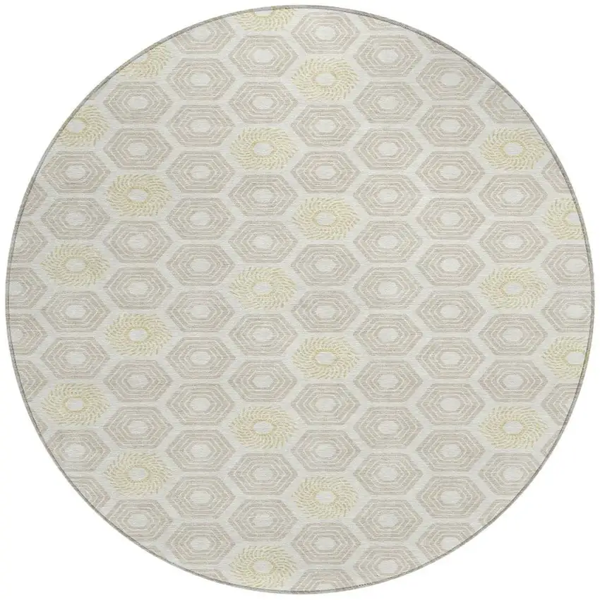 8' Ivory And Beige Round Geometric Washable Indoor Outdoor Area Rug Photo 4
