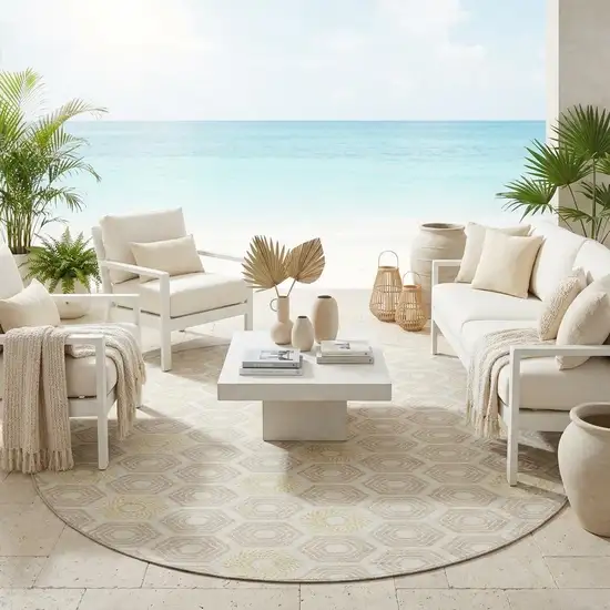 8' Ivory And Beige Round Geometric Washable Indoor Outdoor Area Rug Photo 1